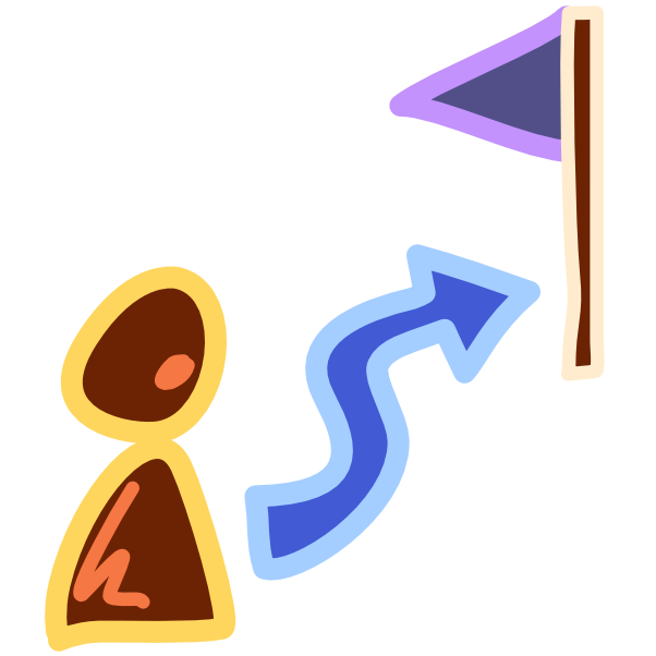 A brown figure with yellow line art faces right, extending from it is a curvy blue arrow pointing at a triangular purple flag on a brown flagpole. The image has light line art.